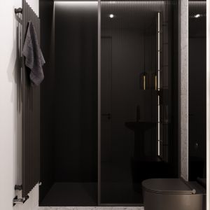 Czarna strefa prysznicowa w łazience. Projekt: Tilla Architects