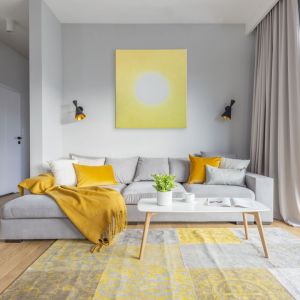 W szarym salonie świetnie wyglądają dodatki w żółtym kolorze. Projekt i zdjęcia: Renata Blaźniak-Kuczyńska, Renee's Interior Design