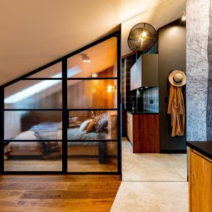 Przeszklone drzwi ze szprosami dobrze wyglądają nie tylko w loftowym wnętrzu. Projekt: Ewa Tarapata Architekt Wnętrz. Fot. Mateusz Gąska