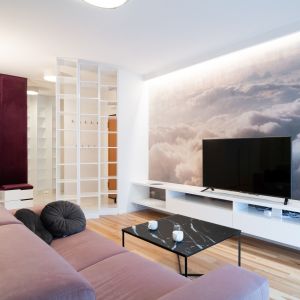 Ścianę za kanapą w salonie zdobi tapeta. Projekt i zdjęcie: KODO Projekty i Realizacje Wnętrz