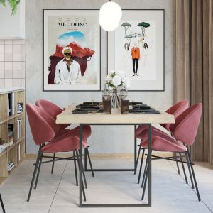 Duże, ciekawe grafiki jako dekoracja ściany za stołem. Projekt i wizualizacje: Agnieszka Rozmysłowicz, Viann Interior Design
