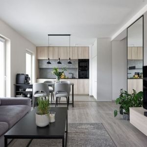 Nieduży salon z kuchnią i z jadalnią w mieszkaniu o powierzchni 60 metrów kwadrtowych. Projekt: Dominika Onsorge, DD Studio. Fot. Radek Słowik