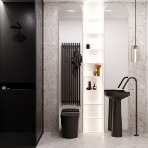 Minimalistyczna łazienka z czarną armaturą i ceramiką. Projekt: Tilla Architects