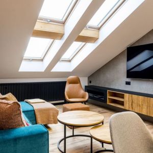 Ściana za telewizorem w salonie wykończona jest szarym tynkiem. Projekt: Ewa Tarapata Architekt Wnętrz. Zdjęcie: Mateusz Gąska