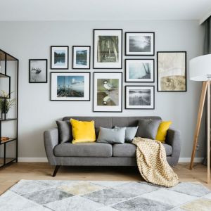 Szare ściany i szara kanapa w niedużym salonie. Projekt i zdjęcie: Urszula Chojnowska, pracownia Zielone Studio Projektowe
