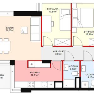 Mieszkanie 3-pokojowe o powierzchni 72 metrów kwadratowych z dwoma łazienkami.