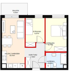 Mieszkanie 3-pokojowe o powierzchni 52 metrów kwadratowych z jedną łazienką.
