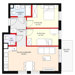Mieszkanie 3-pokojowe o powierzchni 60 metrów kwadratowych z jedną łazienką oraz z wc.