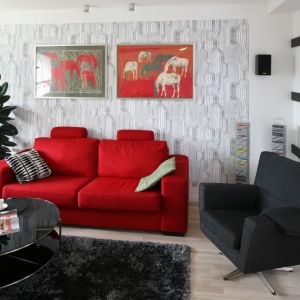 Czerwona kanapa w salonie. Projekt: Marta Kruk. Fot. Bartosz Jarosz