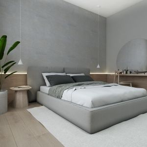 Szara sypialnia w minimalistycznym stylu. Projekt: Sebastian Marach, pracownia Yono Architecture