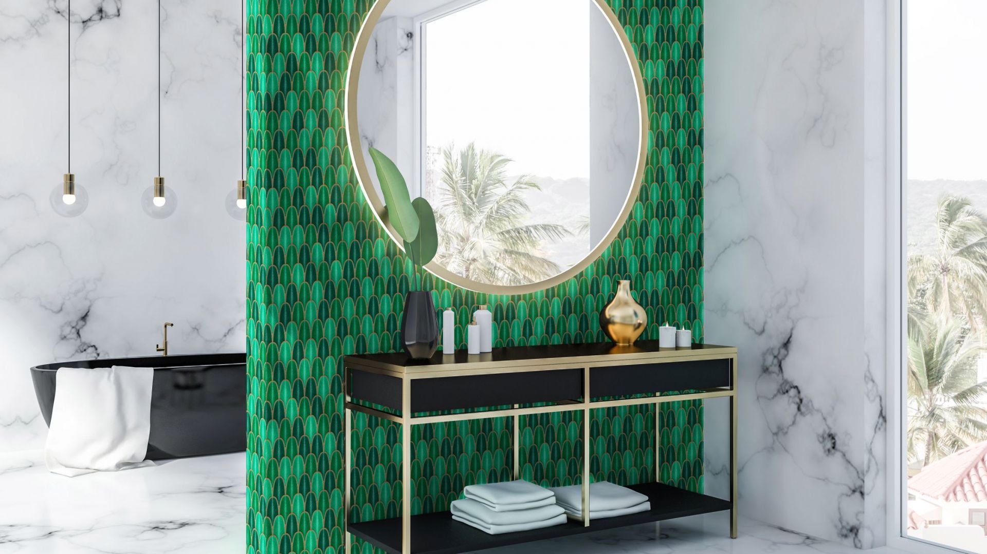 Ściany w łazience i w kuchni. Zielona mozaika jest super!
