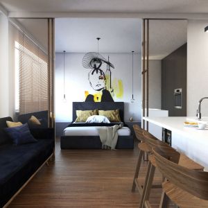 Otwarta sypialnia w małym mieszkaniu w bloku. Projekt i zdjęcia: Małgorzata Górka-Niwińska, pracowni architektonicznej MGN