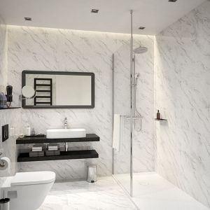 Kabiny walk-In wizualnie powiększą niewielki metraż łazienki. Prysznic najlepiej jest umiejscowić w rogu pomieszczenia lub możliwie najbliżej ścian. Fot. Sanplast