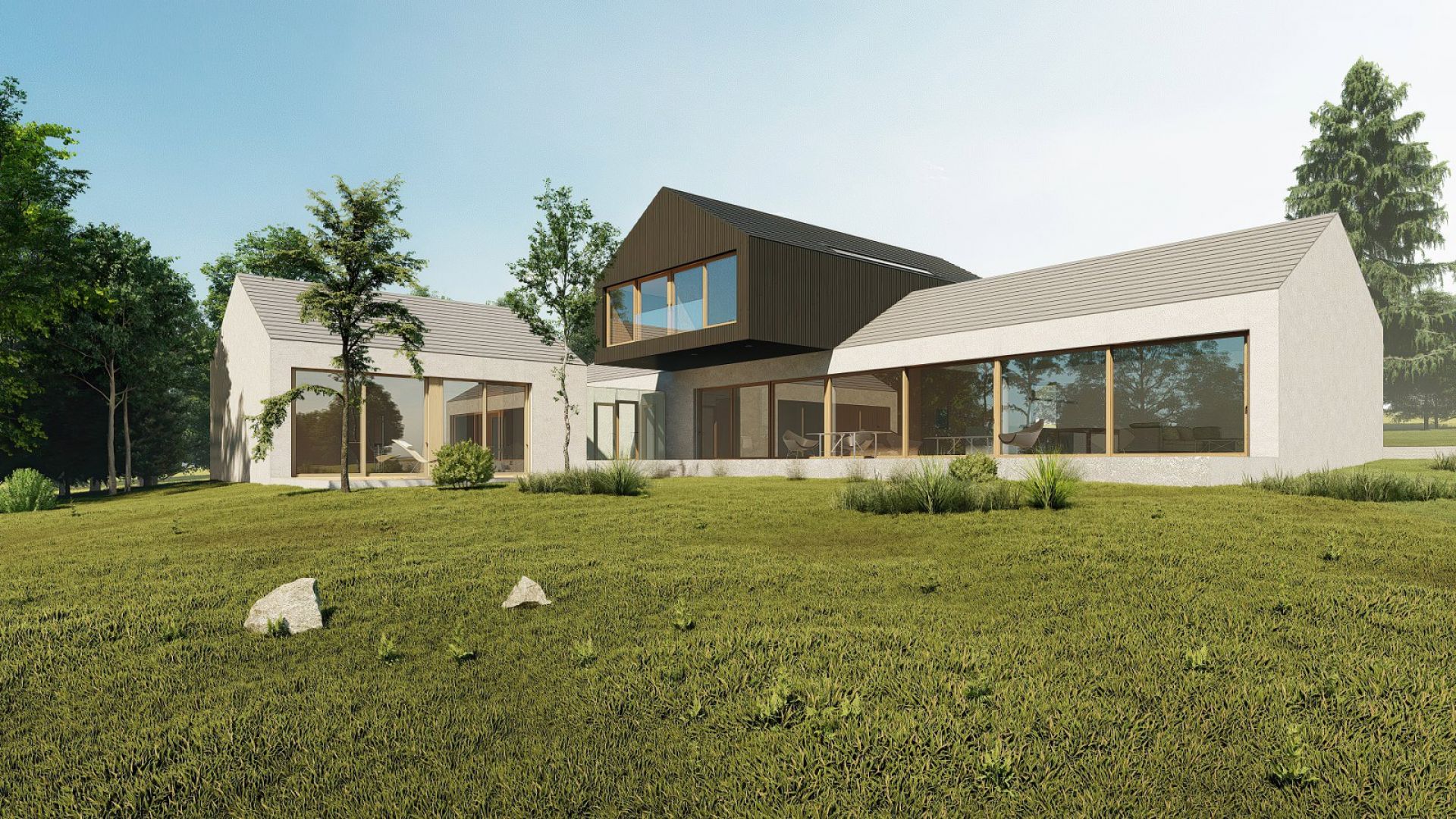 Dom ma współczesną, minimalistyczną formę architektoniczną, składającą się z trzech, wyraźnie zaakcentowanych brył. Projekt: Magdalena Wolska, Zbigniew Gierczak, pracownia Inostudio Architekci. Wizualizacje: studiotiimo