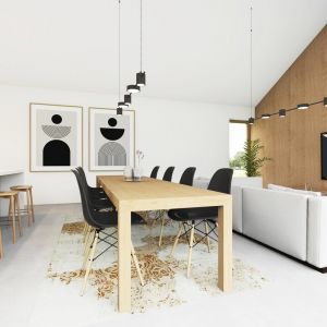 Otwarta strefa dzienna z dużą ilością bieli i drewna. Projekt: Magdalena Wolska, Zbigniew Gierczak, pracownia Inostudio Architekci. Wizualizacje: studiotiimo