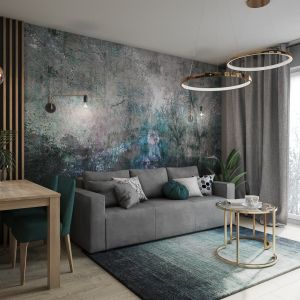 Ścianę za kanapę zdobi dekoracyjna tapeta Double Room Magic River. Projekt Justyna Krupka, studio projektowe Przestrzenie