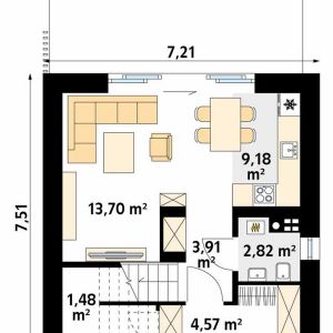 Rozkład pomieszczeń na parterze w projekcie domu Mandarynka. Autor projektu arch. Tomasz Sobieszuk, pracownia DOMYwStylu.pl. Fot. DOMYwStylu.pl