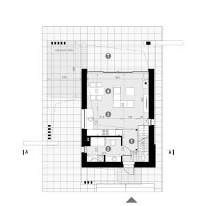Rozkład pomieszczeń w projekcie domu HomeKoncept 65. Rzut parteru: 1. komunikacja 6,12 m², 2. łazienka 6,35 m², 3. kuchnia 6,32 m², 4. salon+jadalnia 22,37 m². Fot. HomeKoncept 
