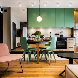 Zielona kuchnia - kolor dobrze wygląda z pudrowym różem, 45-metrowe mieszkanie na wynajem w Białce Tatrzańskiej. Projekt: Ewa Tarapata Architekt Wnętrz. Fot. Mateusz Gąska