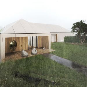 Taras domu wykończony drewnem. Projekt: Pracownia Architektoniczna MIDI / wizualizacje: Paweł Mrozek
