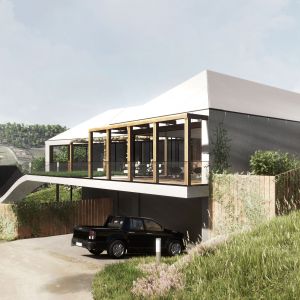 Projekt nowoczesnego domu nad jeziorem Czorsztyńskim. Projekt: Pracownia Architektoniczna MIDI / wizualizacje: Paweł Mrozek