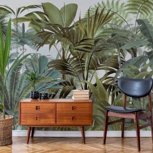 Botaniczna, dżunglowa tapeta w salonie. Fot. Wallsauce, Mural by Andrea Haase