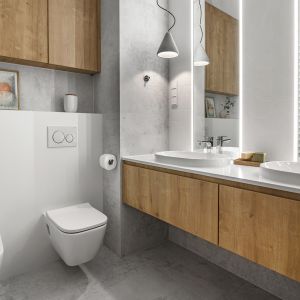 Kolor szary i drewno to idealne zestawienie w każdej łazience. Projekt: Klaudia Tworo. Fot. Kamila Markiewicz-Lubańska