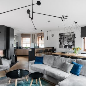 Dom utrzymany jest w bardzo stonowanej kolorystyce. To królestwo wszystkich tonów szarości. Projekt: Studio Projekt, Dekorian Home. Fot. Fotomohito
