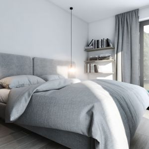 Biało-szara sypialnia w stylu skandynawskim. Projekt: AM.Home