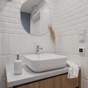Mała, wygodna łazienka z pryszniem. Projekt: Ela Watras, Projectoria Studio. Fot. Martyna Soul Studio