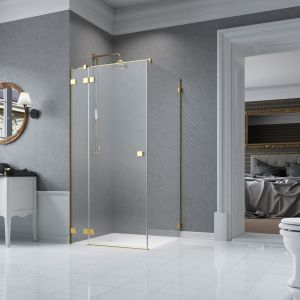 Złota kabina prysznicowa idealnie pasuje do szarych ścian i podłogi w łazience. Fot. Radaway