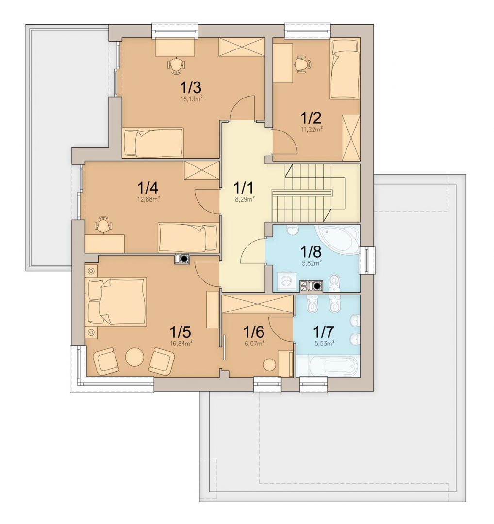 1. Komunikacja: 8.29 m2, 2. Pokój: 11.22 m2, 3. Pokój: 16.13 m2, 4. Pokój: 12.88 m2, 5. Pokój: 16.84 m2, 6. Garderoba: 6.07 m2, 7. Łazienka: 5.53 m2,
8. Łazienka: 5.82 m2