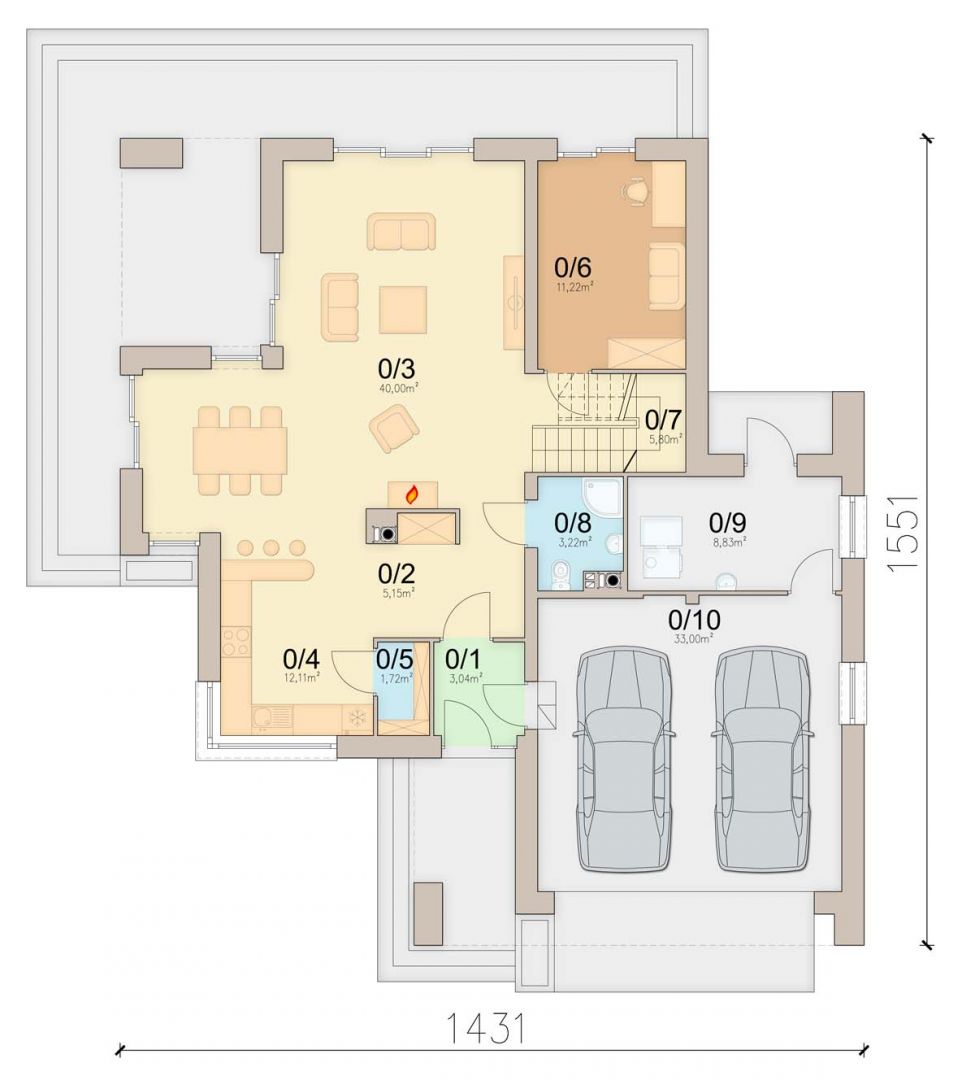 1. Wiatrołap: 3.04 m2, 2. Komunikacja: 5.15 m2, 3. Salon: 40 m2, 4. Kuchnia: 12.11 m2, 5. Spiżarnia: 1.72 m2, 6. Pokój: 11.22 m2, 7. klatka schodowa: 5.8 m2, 8. Łazienka: 3.22 m2, 9. Kotłownia: 8.83 m2, 10. Garaż: 33 m2