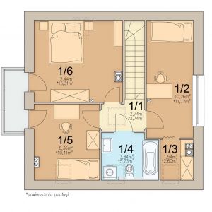 Poddasze. 1. korytarz: 2.74 m2, 2. pokój: 10.26 m2, 3. garderoba: 1.54 m2, 4. łazienka: 3.84 m2, 5. pokój: 8.36 m2, 6. pokój: 12.44 m2
