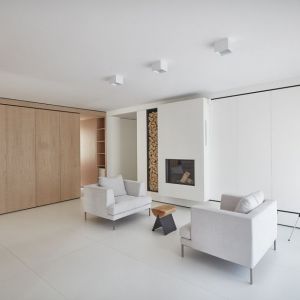 Białe ściany i biała podłoga w salonie. Projekt i zdjęcie: pracownia 81.waw.pl