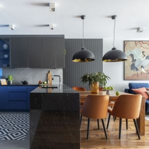 Niebieskie meble w małej kuchni. Projekt wnętrza: Marta Dąbek, pracownia Interio. Fot. Pion Poziom