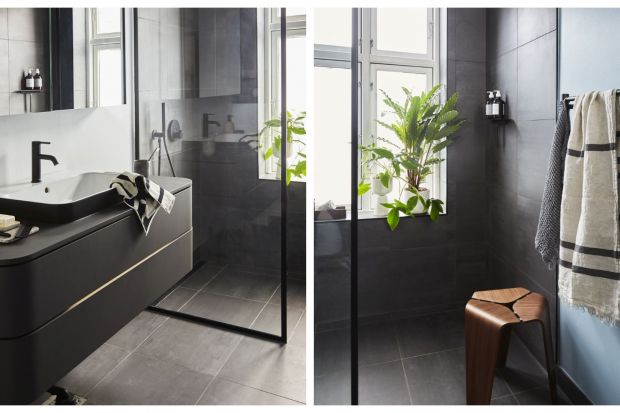 Mała łazienka pomimo swoich rozmiarów jest nowoczesna i komfortowa. Szarości i czernie nadają jej elegancki i wyrafinowany wygląd.