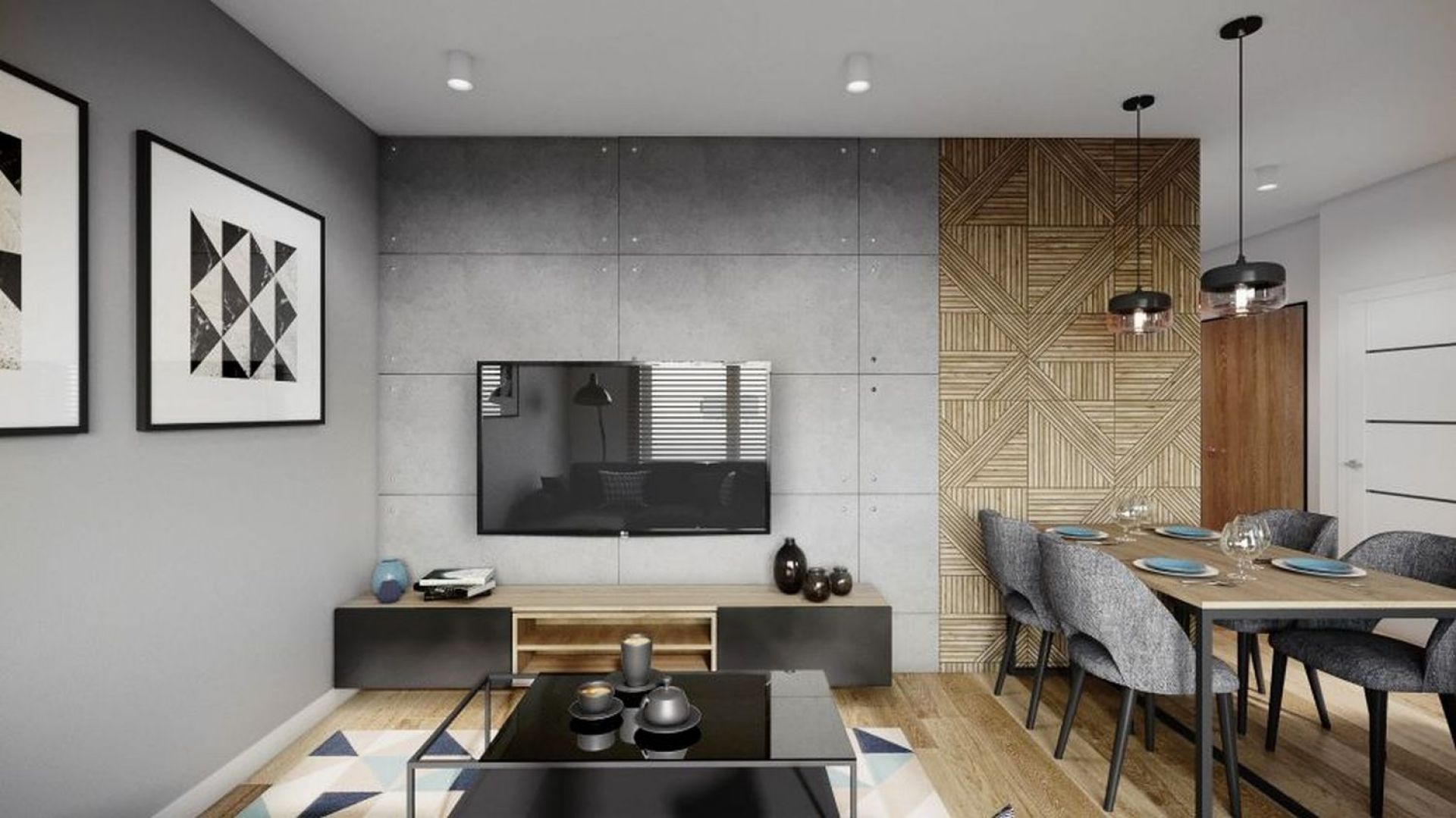 Betonowe płyty w salonie, fornir w kuchni. Projekt wnętrza i zdjęcie: Justyna Krupka, studio projektowe Przestrzenie