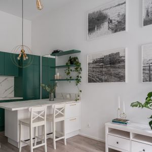 Dwupokojowe mieszkanie we Wrocławiu z zieloną kuchnią i białym salonem. Projekt i zdjęcia: KODO Projekty i Realizacje Wnętrz