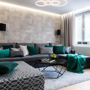 Drewniane lamele i tapeta na ścianie za sofą w salonie. Projekt Dariusz Grabowski, Dagar Studio. Fot. Karolina Wargocka-Kusz