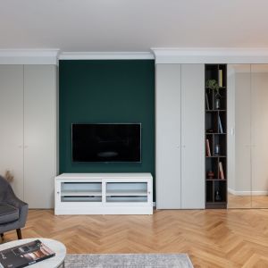 Zielona ściana telewizyjna w salonie. Projekt i zdjęcia: KODO Projekty i Realizacje Wnętrz