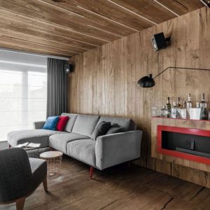 Surowe drewno na ścianie w salonie. Projekt wnętrza: Anna Maria Sokołowska, Anna Maria Sokołowska, Architektura Wnętrz. Fot. Fotomohito