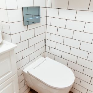 Luksusowy wygląd strefy WC zapewnia minimalistyczna spłuczka Geberit Sigma 80 ze szkła lustrzanego. Projekt wnętrza i zdjęcie: Anna Tyrała