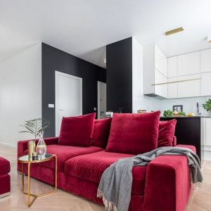 Mały salon w bloku z kolorową kanapą i z kuchnią. Projekt wnętrza i zdjęcie: Decoroom