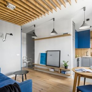 Mały salon w bloku w bieli i z dodatkiem drewna. Projekt wnętrza: 3XEL Architekci. Fot. Dariusz Jarząbek