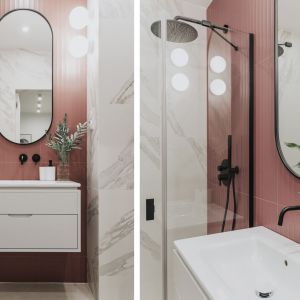 W łazience uwagę zwracają kafelki w kolorze zgaszonego różu. Projekt wnętrz i stylizacja: Ula Schönhofer. Zdjęcia: Beata Sikora 