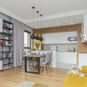 Drewno i szarości w nowoczesnym salonie z kuchnią. Projekt wnętrza i zdjęcie: Renata Blaźniak-Kuczyńska, Renee's Interior Design