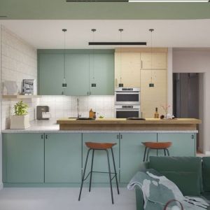 Kolory w nowoczesnym salonie z kuchnią. Projekt wnętrza i zdjęcie: Nina Rosińska, pracownia Projekt Niro