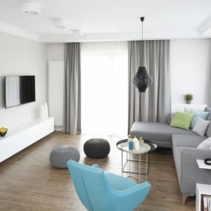 Szara sofa w małym salonie w bloku. Projekt wnętrza: Małgorzata Galewska. Fot. Bartosz Jarosz