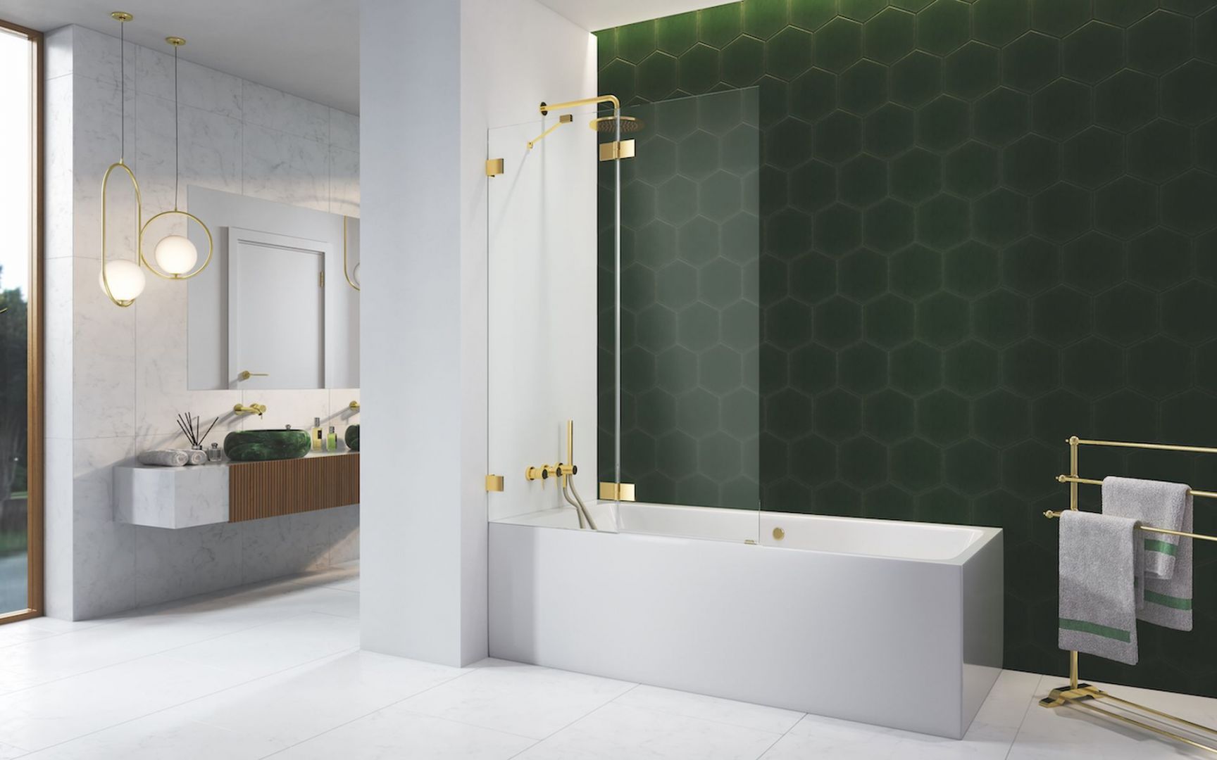 Kabina do łazienki w zielonym kolorze - złote akcenty wyglądają świetnie. Fot. mat. prasowe Radaway